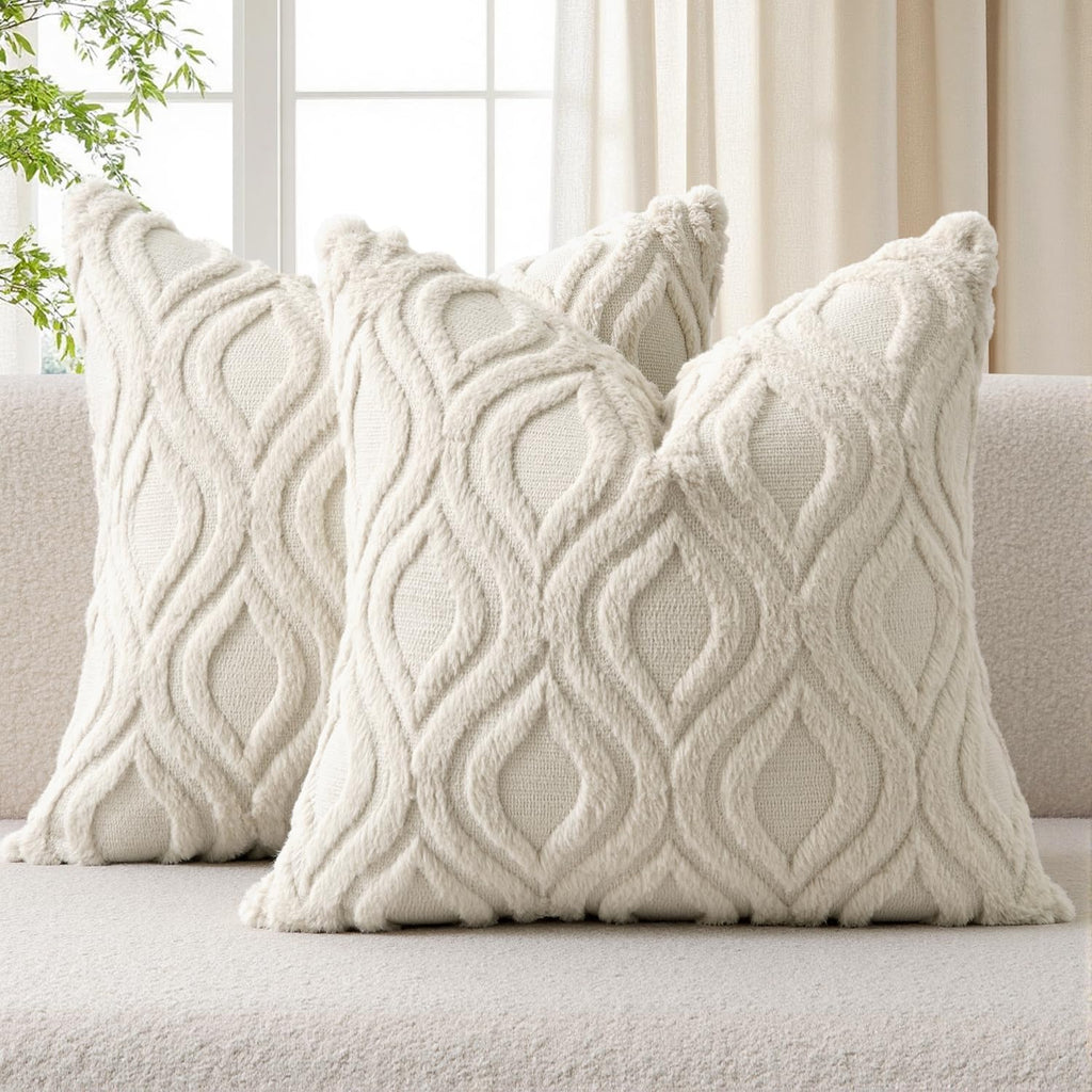 Beige Throw Pillow Covers 18x18 Inch, Neutral Soft Plush Faux Wool Solid Couch Pillows Set of 2, Decorative Farmhouse