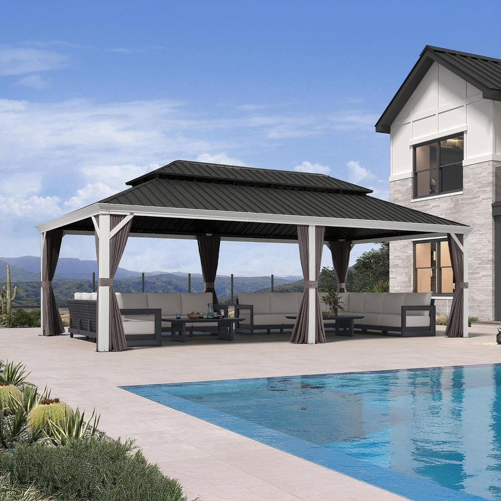 14' X 24' Hardtop Gazebo with Double Galvanized Steel Roof Awning and Upgrade Curtain and Garden, Grey