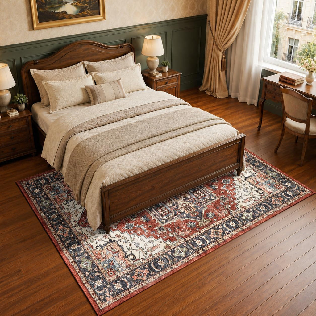 Washable Living Room Rug, Vintage Oriental Medallion, Terra Red