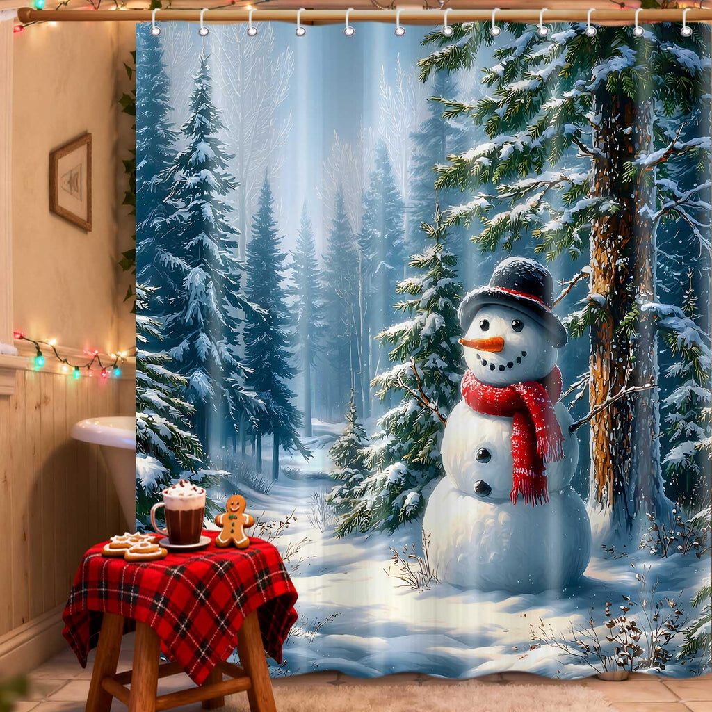 Winter Christmas Snowman, Xmas Tree Snowy Forest Holiday Bathroom Curtains, Rustic Farmhouse Waterproof Polyester