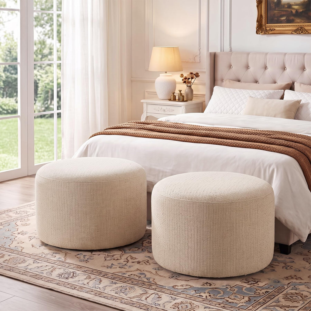 Boho Round Pouf Ottoman Set of 2, Upholstered Ottomans, Beige