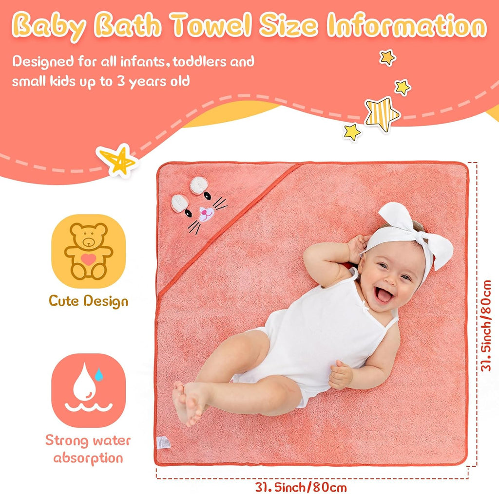 4 Pcs Baby Bath Towel 31.5 x 31.5 Inch Coral Fleece Baby Hooded Towel Absorbent Soft Babys Towels for Newborn Cartoon