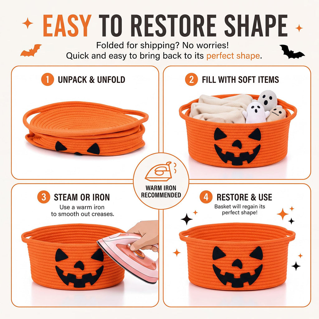 Halloween Woven Boo Basket Empty 15 x 11 x 6 Inch, Pumpkin