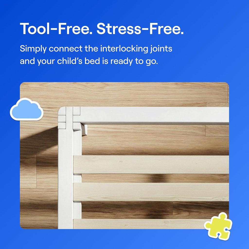 Kids Bamboo Platform Bed Frame, Twin, White, 12" Height, Tool-Free