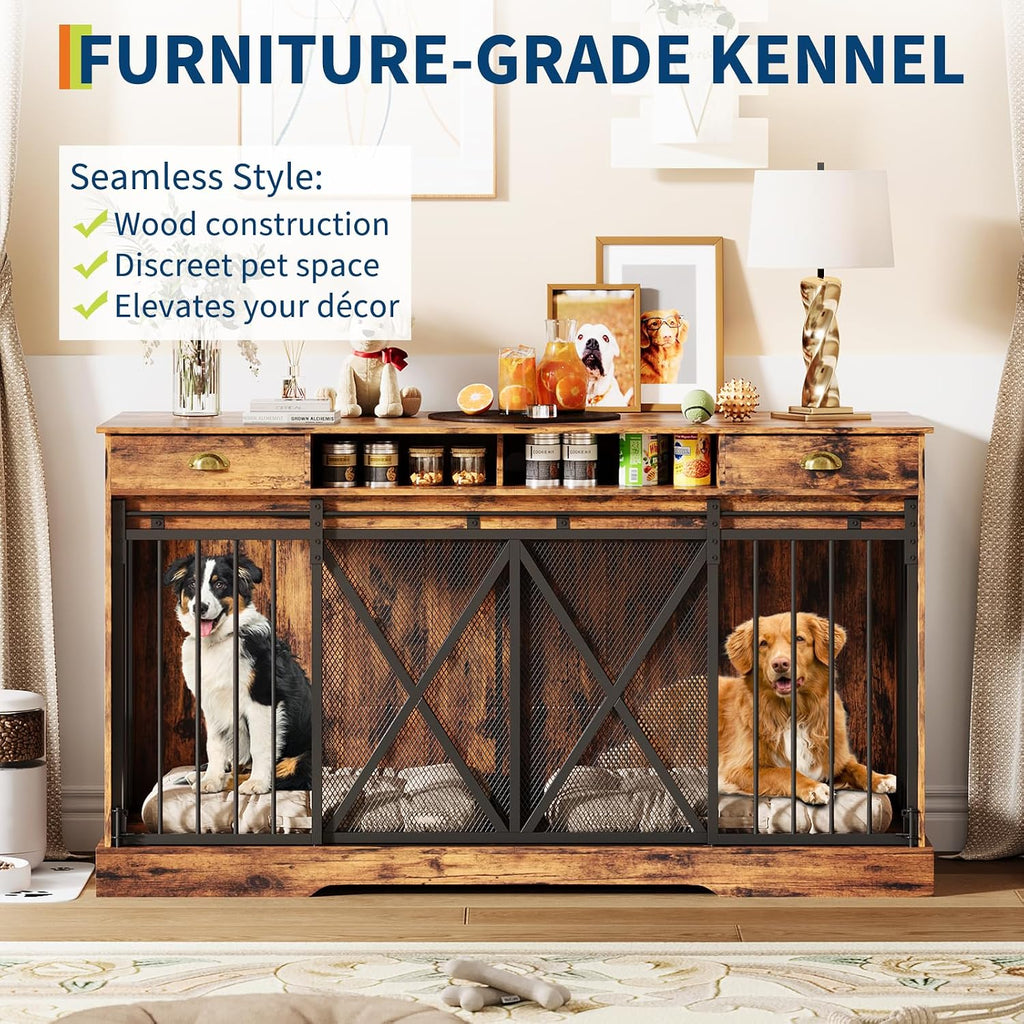 Dog Crate Furniture TV Stand, 63 Inch Double Kennel with Divider & Drawers