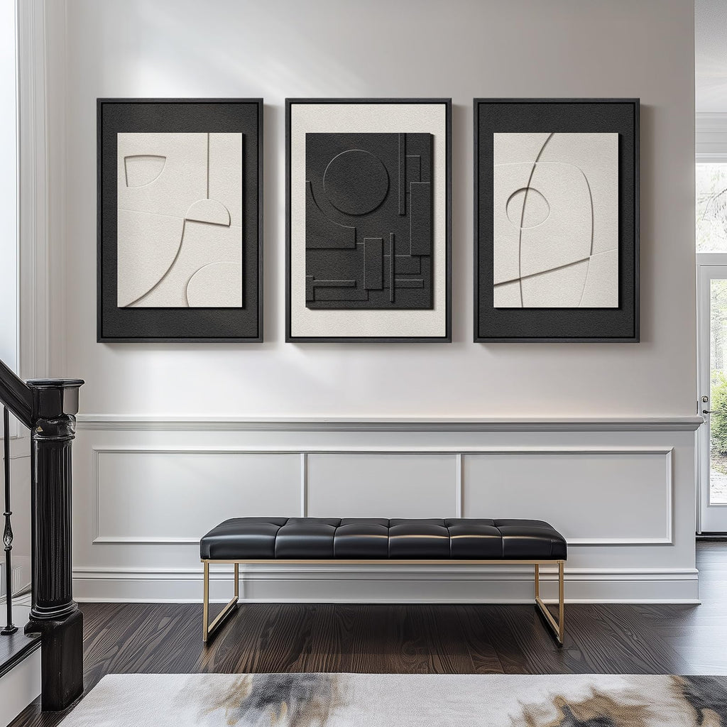 Large Framed Black and White Modern 3D Abstract Wall Art