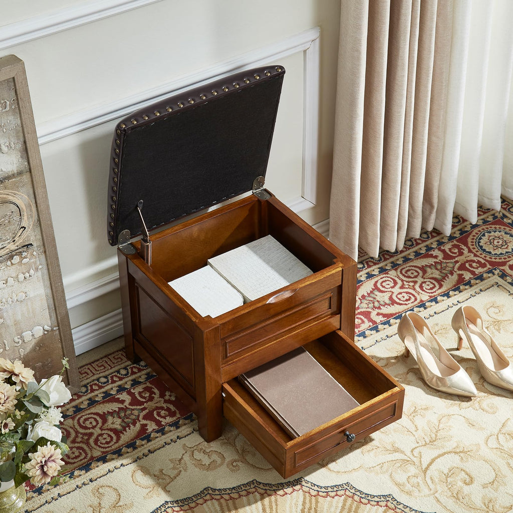 Microfiber Leather Storage Ottoman with Drawer, Small Shoe Bench