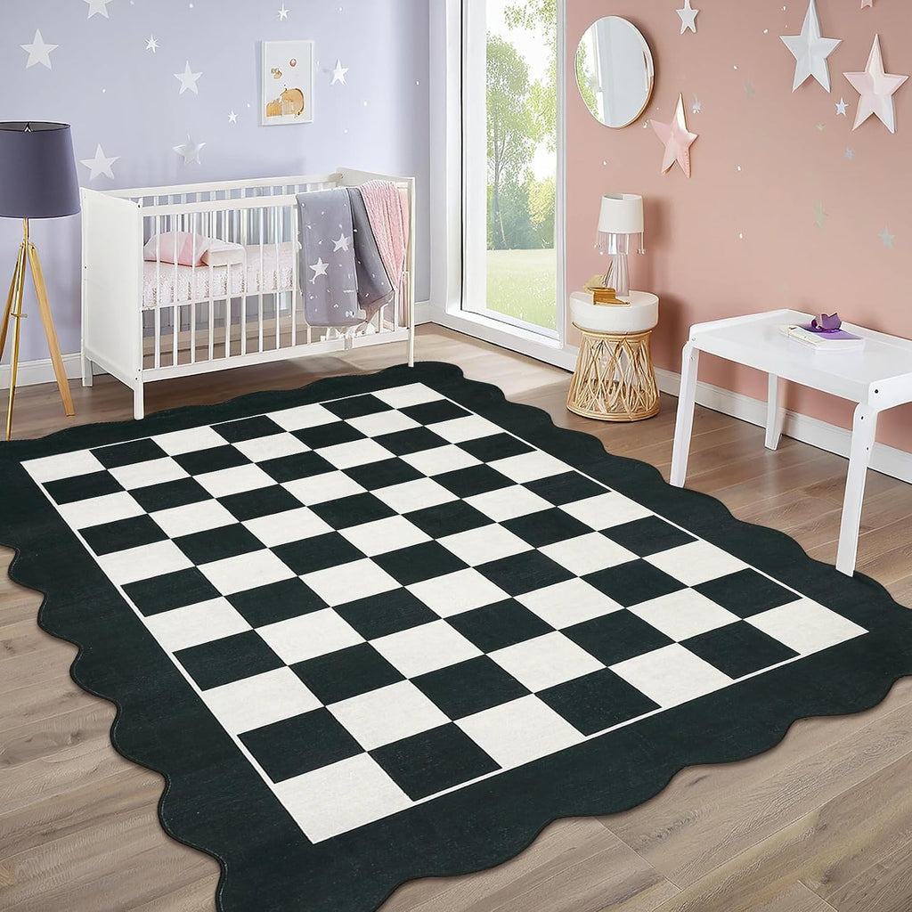 Large Area Rug Washable Living Room Rug Scalloped Neutral Area Rugs Dining Room Modern Checkerboard Carpet Stain