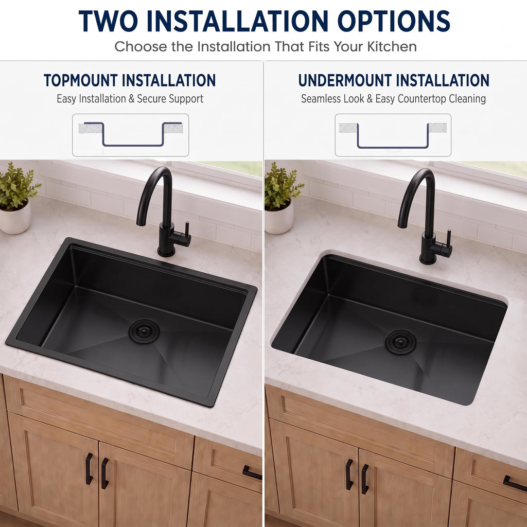 Black Undermount, 32 Inch Undermount Kitchen Workstation Sink with X-Shaped Drain Line, 10 Inch Deep Single Bowl