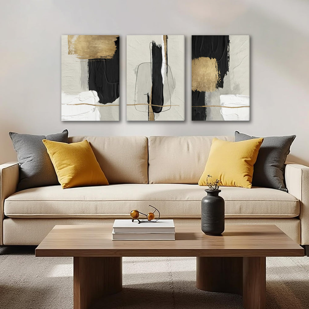 Abstract Brushstrokes Canvas Wall Art Black White Gold 16x24 inch x3