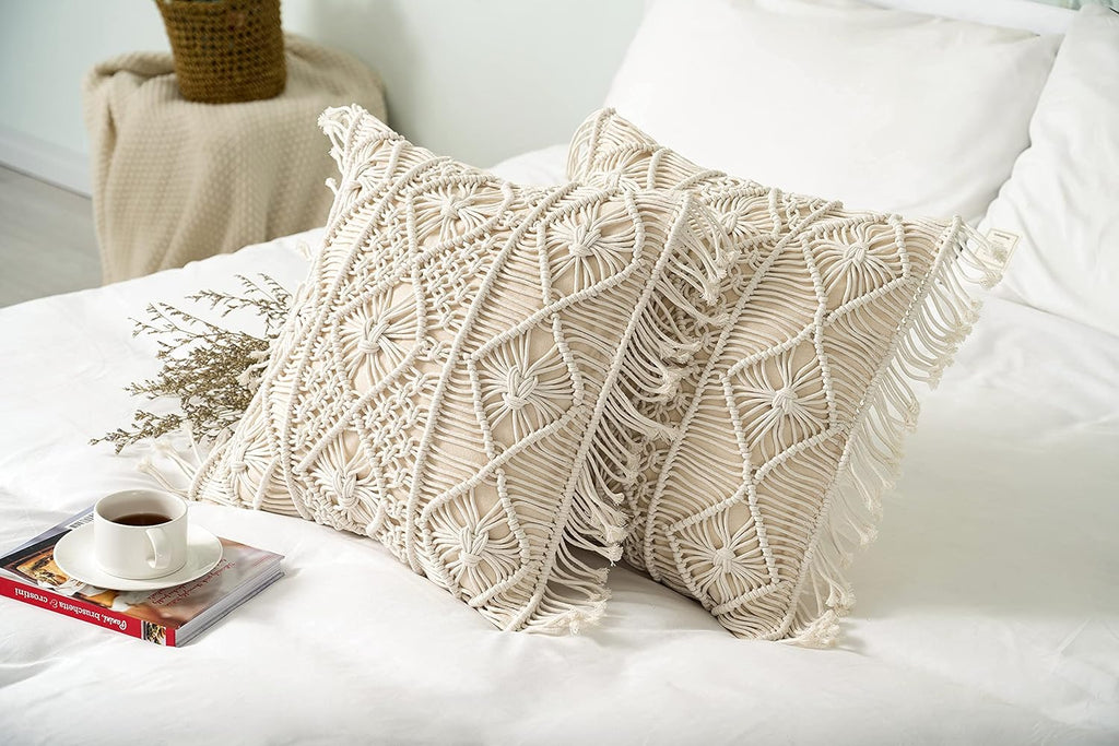 Macramé Pillow Cover- Set of 2 Boho Cushion Cover 100% Cotton Decorative Fringe Pillow Cover Boho Home Decor