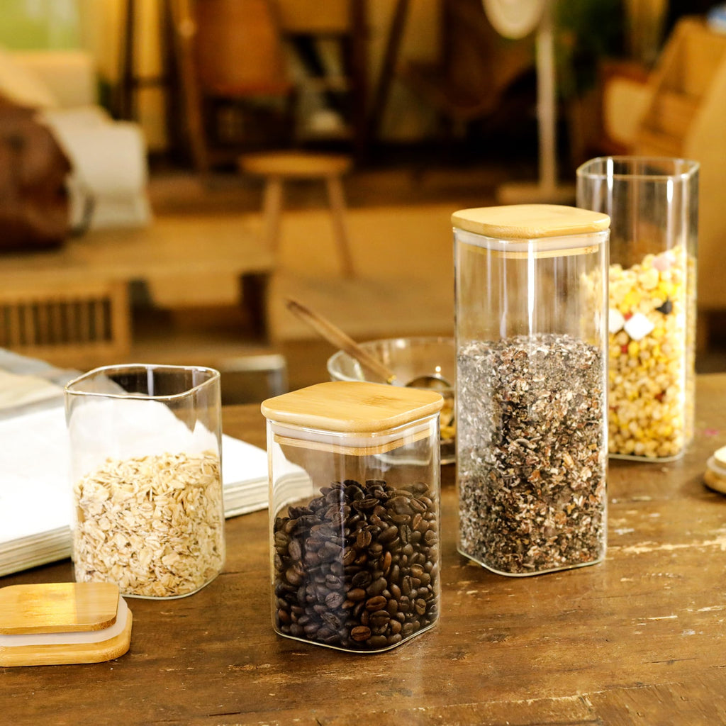 12-Pack Square Glass Storage Jars with Bamboo Lids (0.6Qt/1.06Qt) - Stackable Food Containers for Pantry