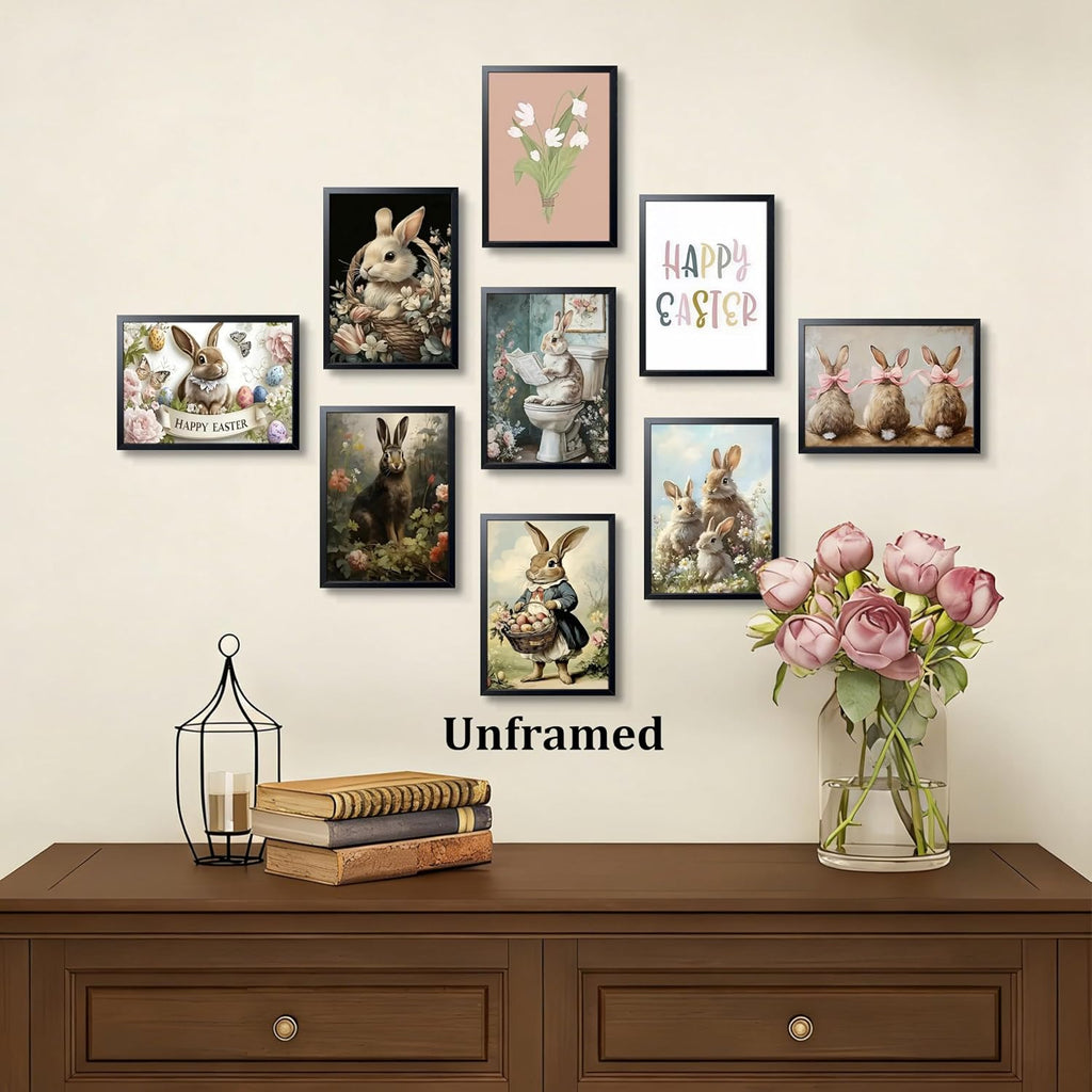 Vintage Easter Bunny Wall Art, Cute Rabbit Canvas Print Prints, Rustic Farmhouse Spring Easter Wall Decor - Set of 9