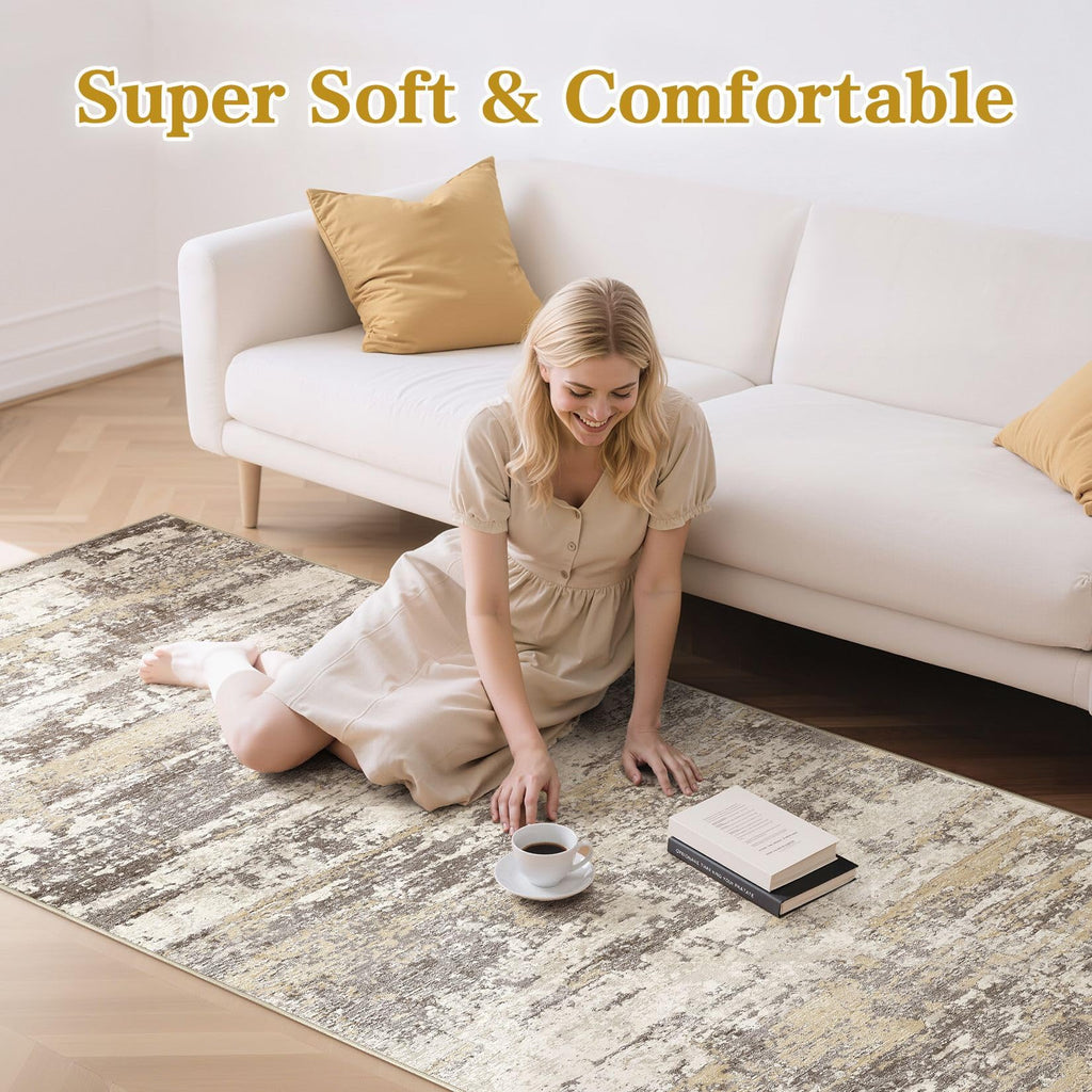3x8 Runner Rug, Abstract Washable Hallway Rugs, Gold Brown