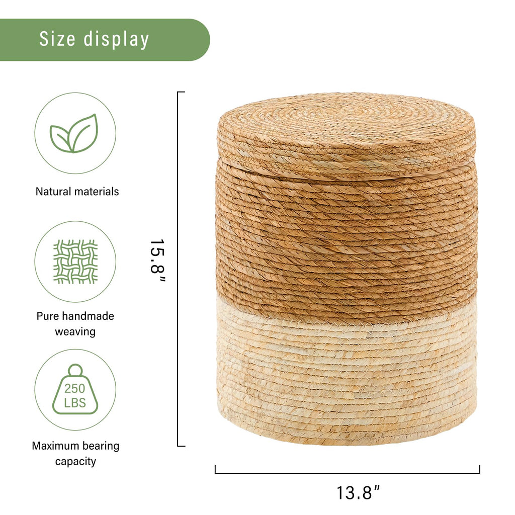 14" Natural Grass Round Storage Pouf Ottoman Handwoven Pouffe Rattan Stool