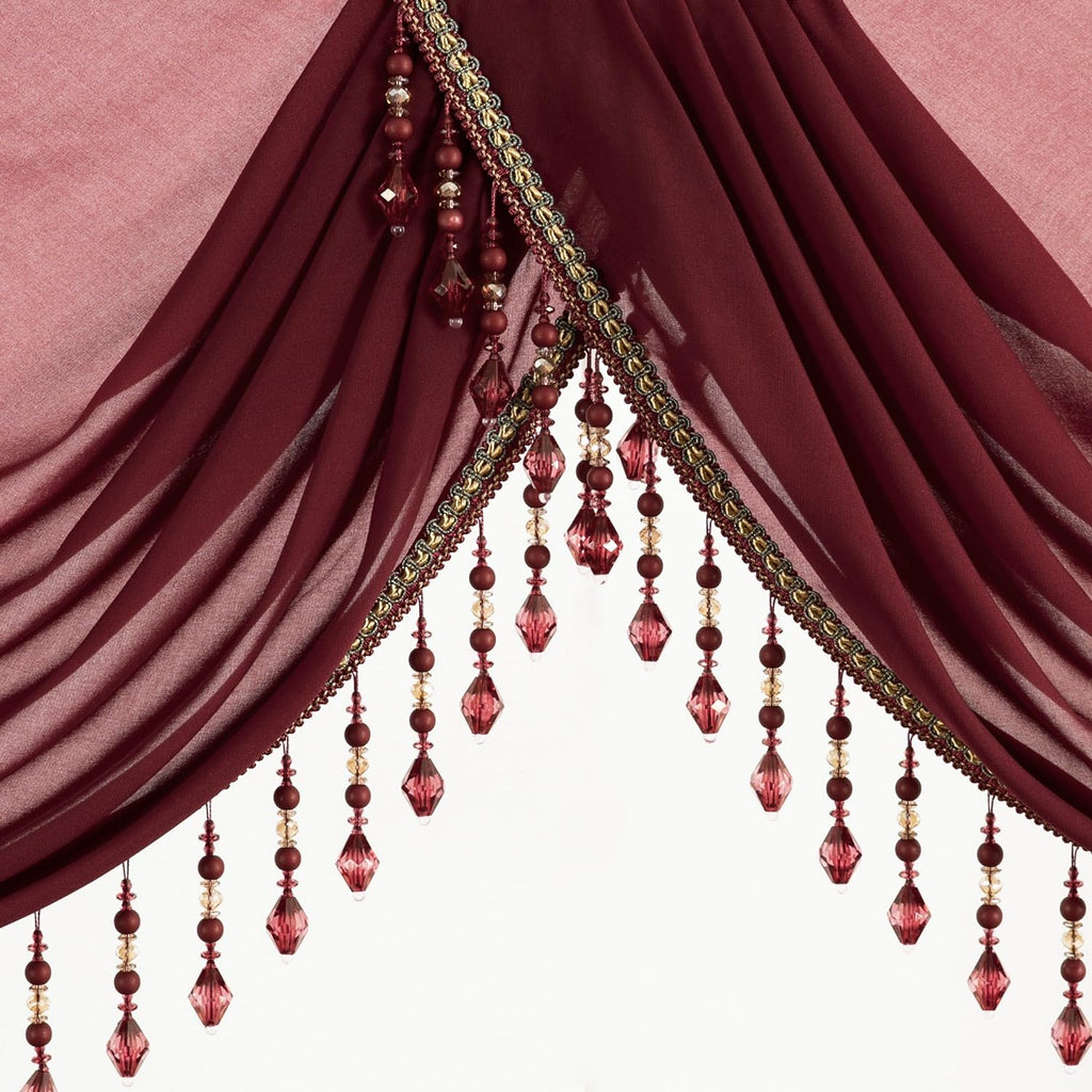 Burgundy Red Waterfall Curtains Valance, Soft Touch Silky Textured Voile Curtain Window Panels, 1 Piece Vintage