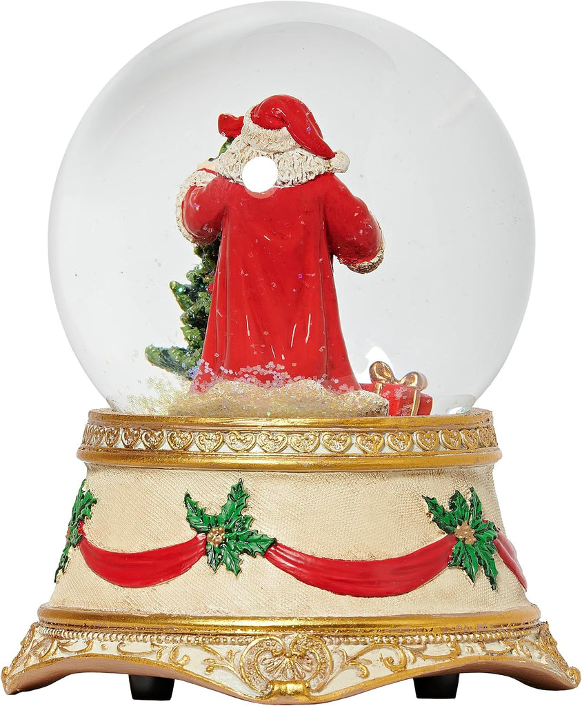 Musical Santa & Tree Glitterdome, 5.75" H, 100MM Water Globe with Poinsettia & Gold Base, Christmas Snow Globe