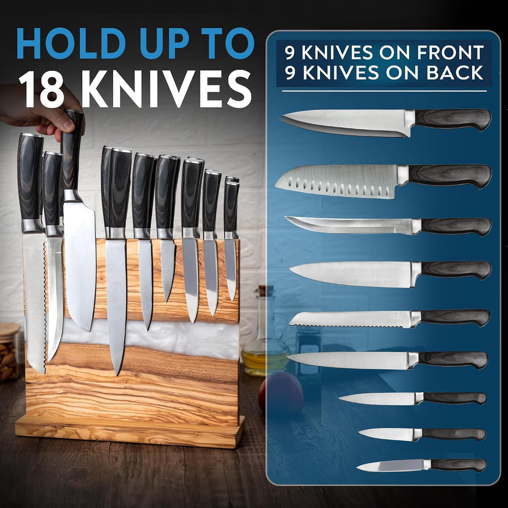 Magnetic Knife Block Stand - Italian Olive Wood Kitchen Knife Holder Rack with Resin Flow Design - Double Sided
