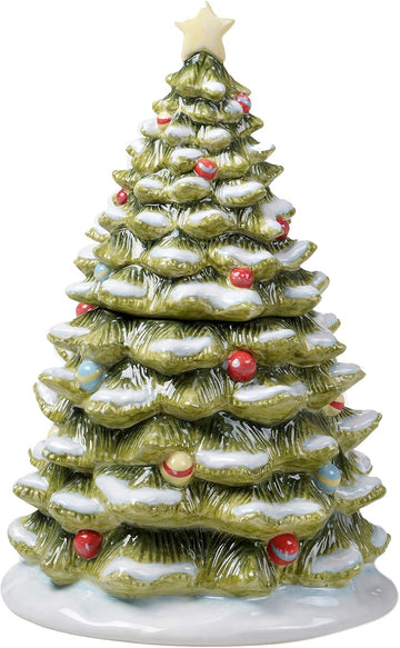 Evergreen Christmas Tree Cookie Jar - 64oz Ceramic Holiday Treat Canister with Vintage Charm, Snowy Branches &