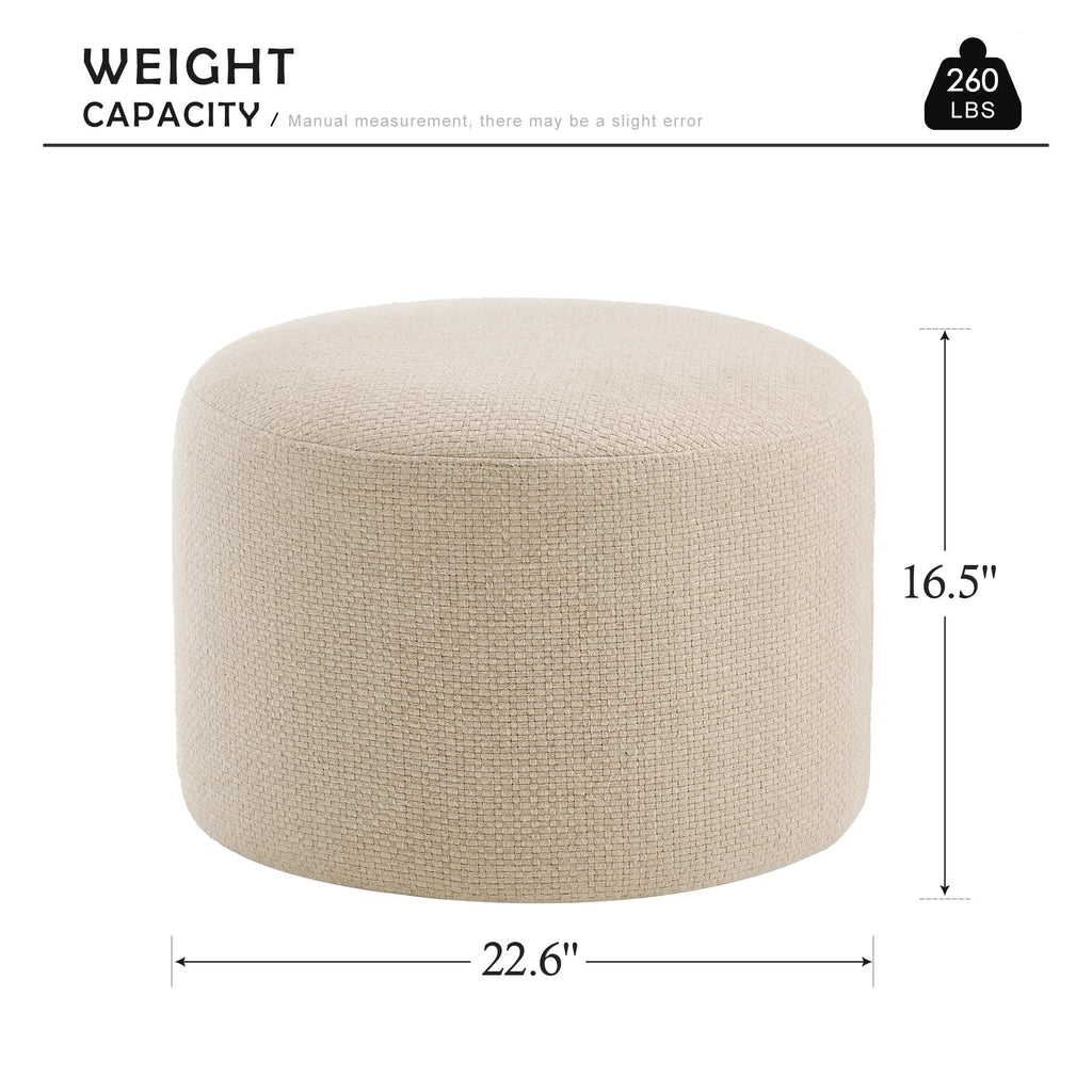 Boho Round Pouf Ottoman, Upholstered Ottoman, Beige