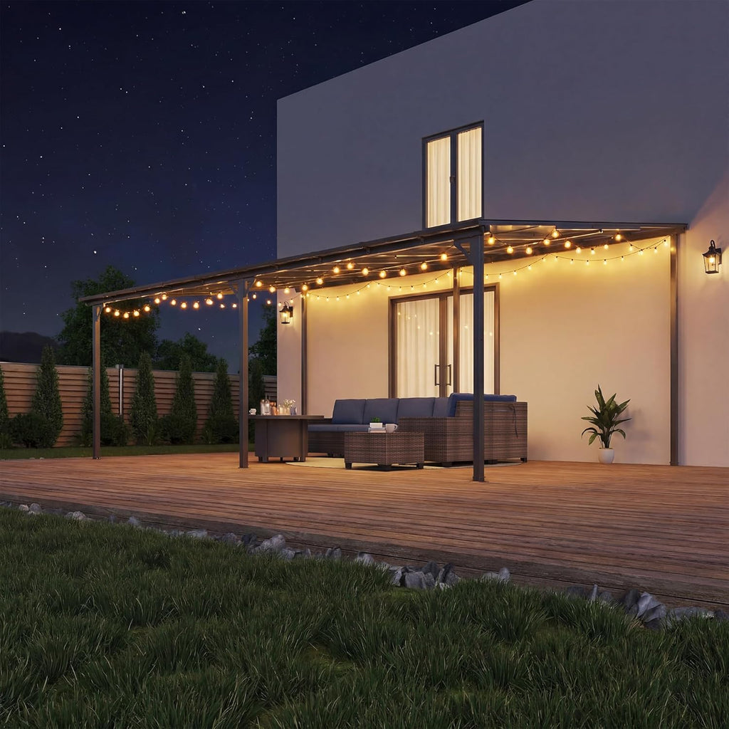 20x12FT Gazebo Lean to Gazebo Sloped Roof, Wall Mounted Heavy Duty Awnings, Galvanized Steel Frame&Hardtop Pergola