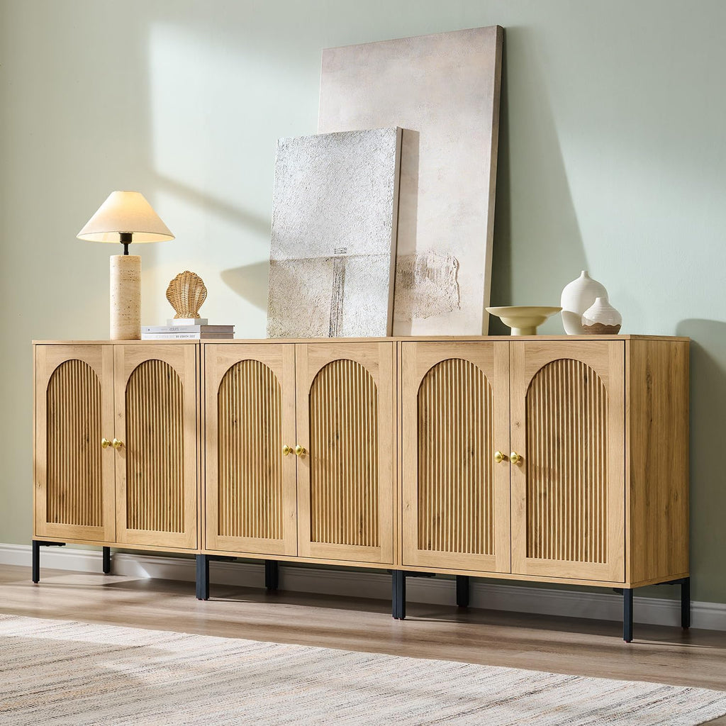 92.63" W Mid Century Modern TV Stands, Wood Entertainment Center w/Adjustable Shelves, Media Console Cabinet w/Arched