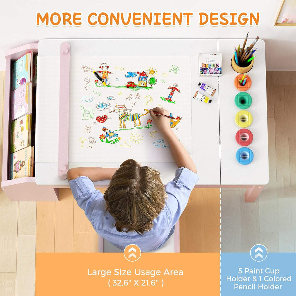 In-1 Kids Art Table and Chairs, Wood Toddler Table and Chair Set with Storage Drawers, Craft Play Desk for Kids