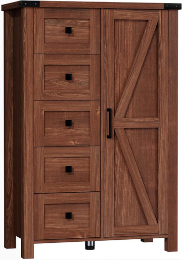Farmhouse 48 Inch Tall Dresser Chest of Drawer , 5 Drawer Storage Cabinet with Barn Door, Adjustable Shelves, Rustic