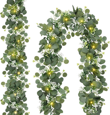 Artificial Eucalyptus Garland with Lights, 6FT Artificial Greenery Summer Garlands, Battery Operated Twig Vine - Set of 2