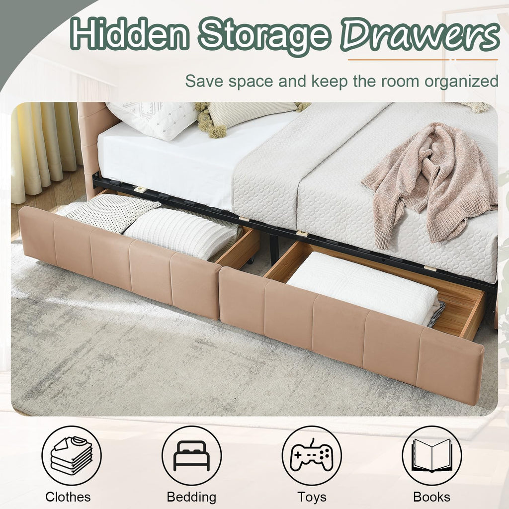Queen Daybed with Storage Drawers, Modern Corner Tufted Velvet Upholstered Queen Size Sofa Day Bed Frame with Wooden