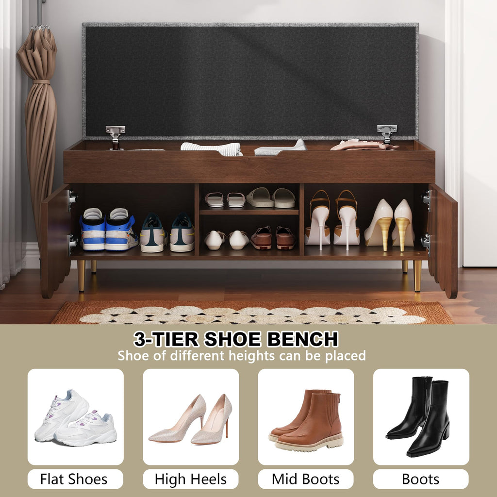 40" Upholstered Flip Top Entryway Shoe Bench, Walnut