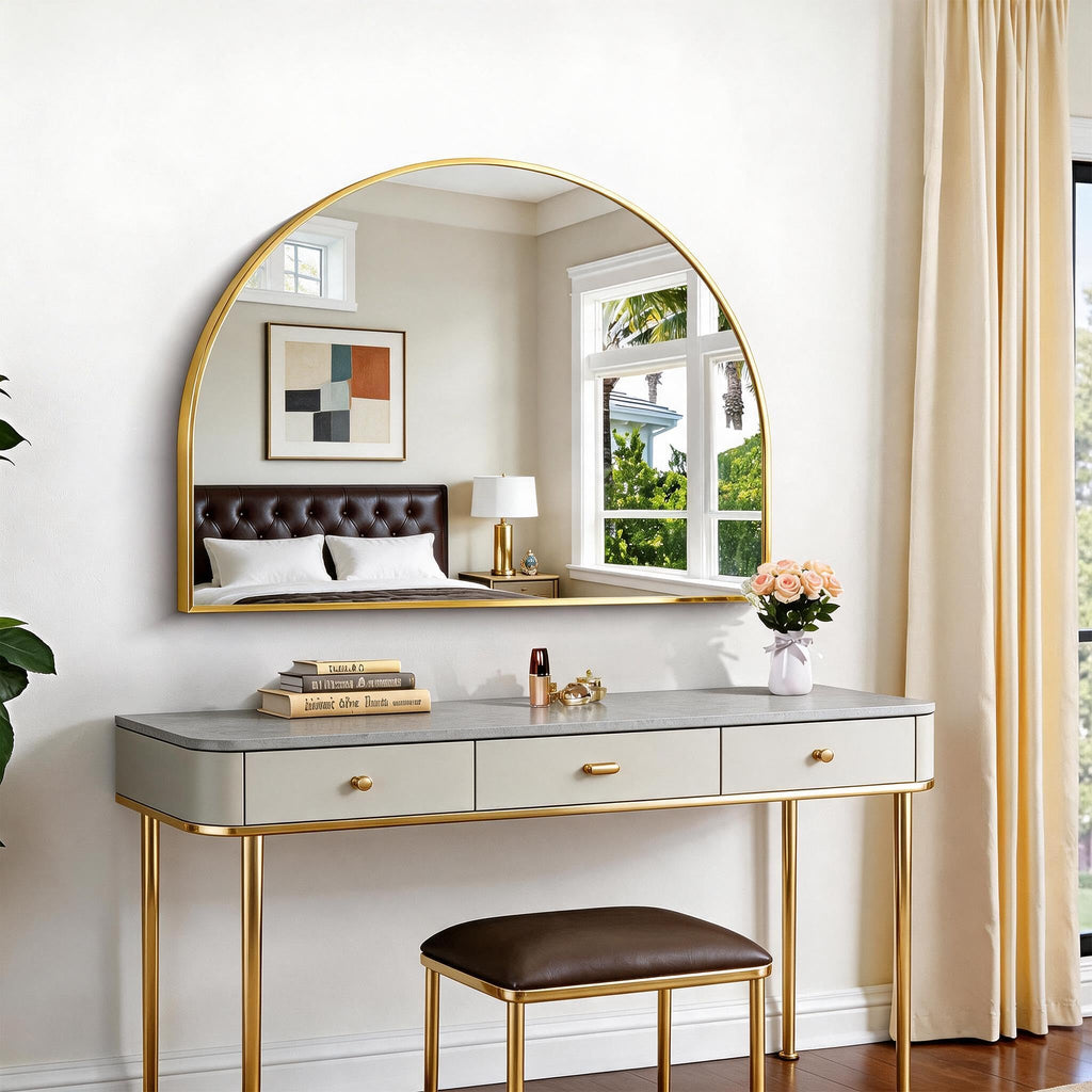 Arched Wall Mirror 40"x30", Gold Arched Mirror &Mantel