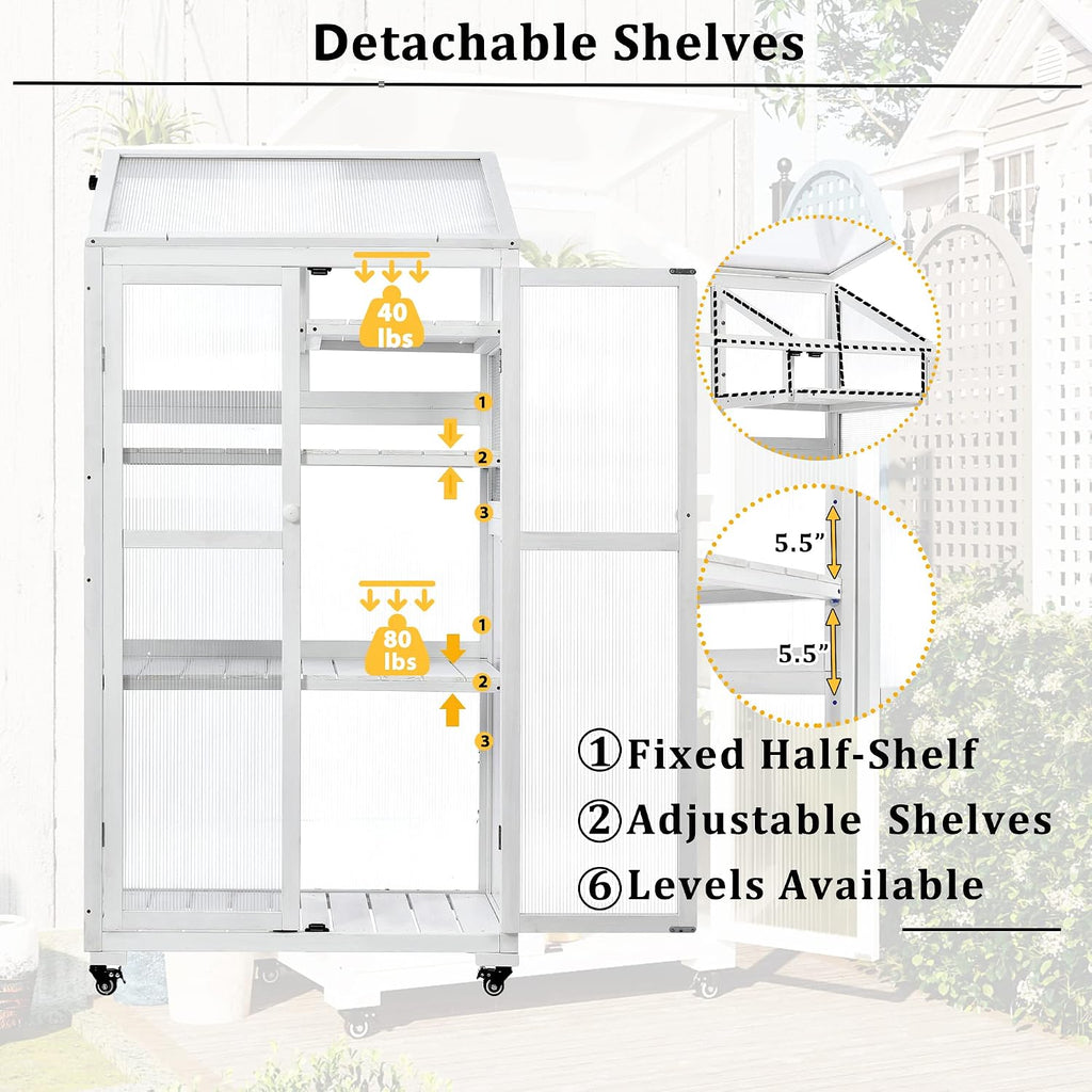 62" H Indoor Wood Greenhouse, Balcony Large Cold Frame with Wheels and Adjustable Shelves for Outdoor Indoor Use