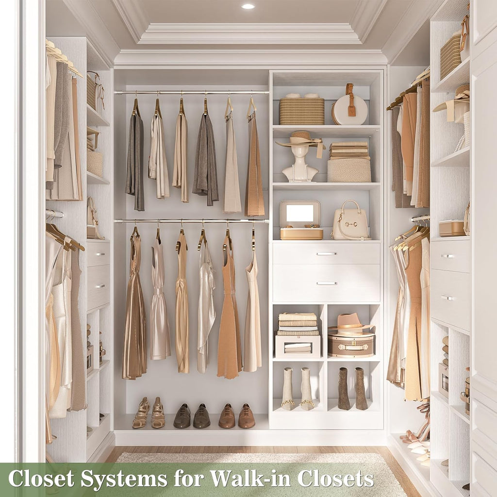 Closet System, 4-8 FT Closet Organizer Tower with 2 Wooden Drawers and 5 Hanging Rods, Can Fit 60 to 96 inch Walk-in