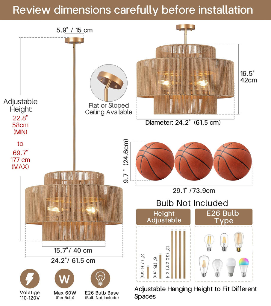 24'' Boho Rattan Chandelier, 4-Light Hand-Woven Wicker Pendant Lamp, Rustic Modern Ceiling Light Fixture Island