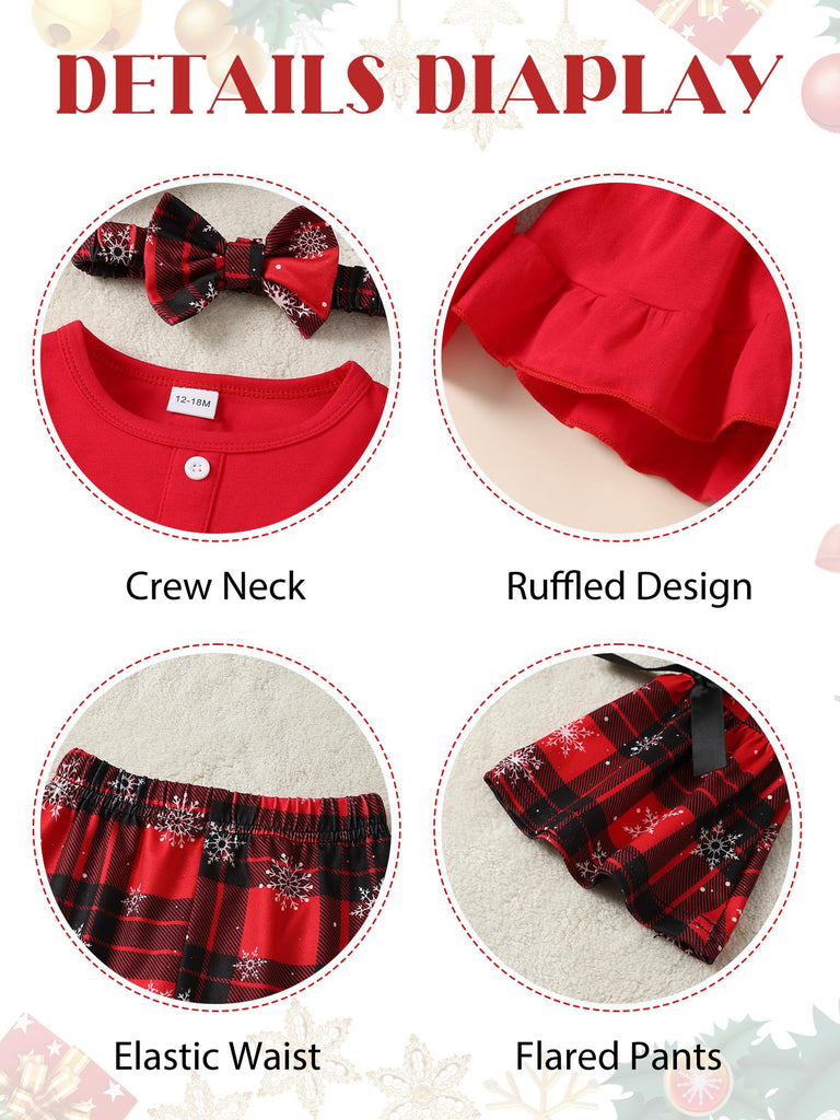 Toddler Baby Girl Christmas Outfit Ruffle Shirt Top Plaid Bell Bottom Pants Set Fall Winter Clothes, Red