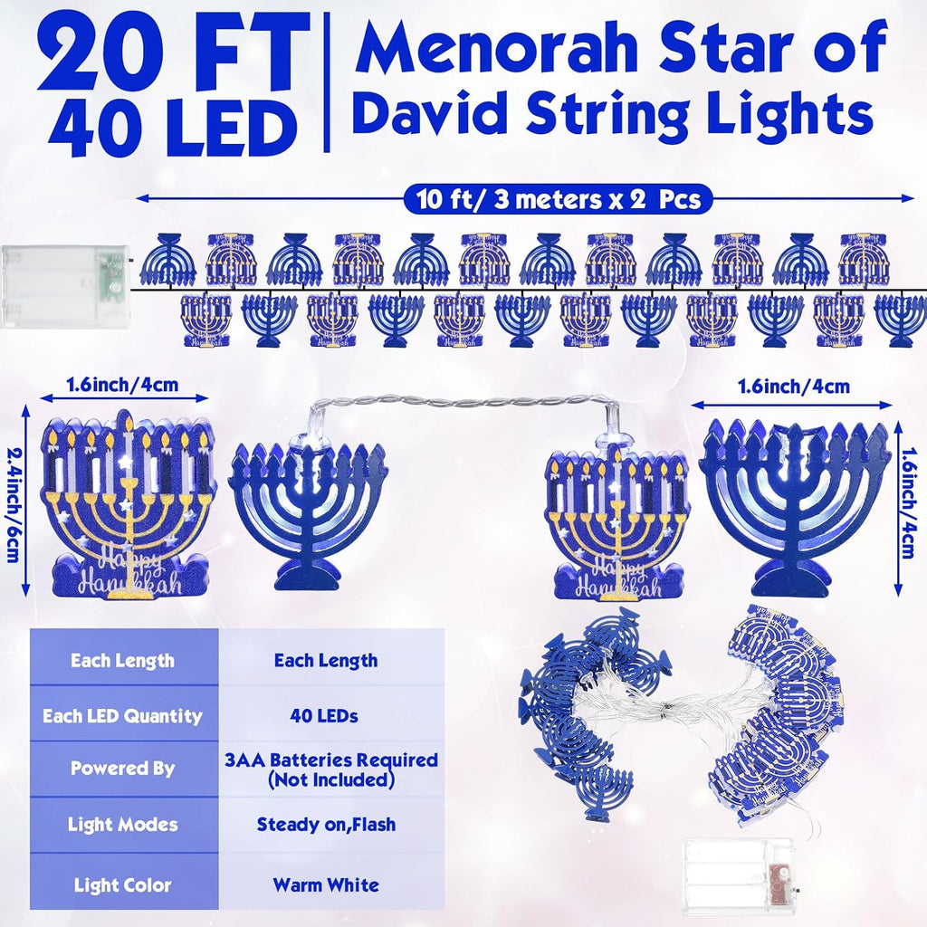 Strings 20 Feet 40 LED Hanukkah Lights Battery Operated - Set of 2
