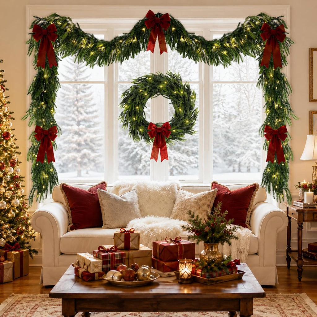 15FT Christmas Norfolk Pine Pre-Lit Garland with 125 LED Lights Real Touch Prelit Garland Christmas Greenery Garland