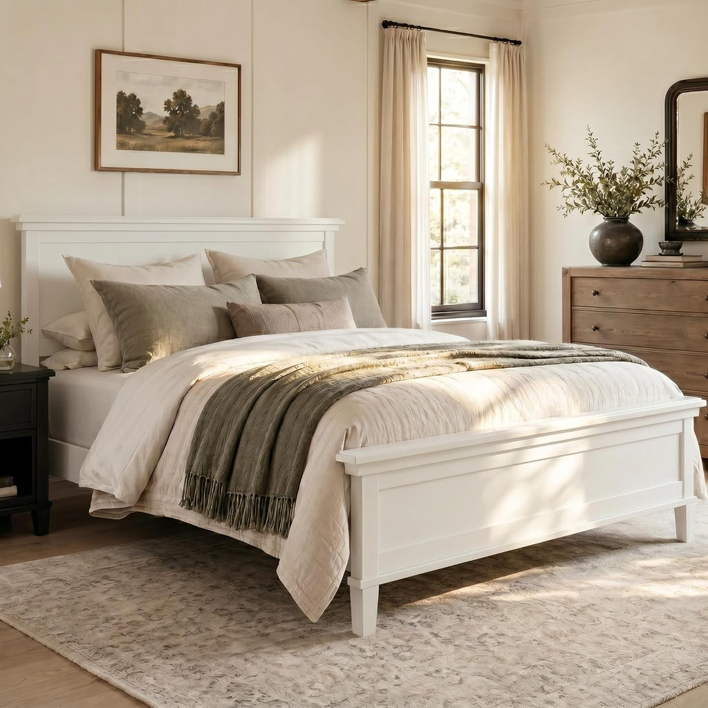 Queen Wood Platform Bed Frame with Headboard, Farmhouse Bed Frame, Mid-Century Modern Bedroom Furniture, Wood Slat