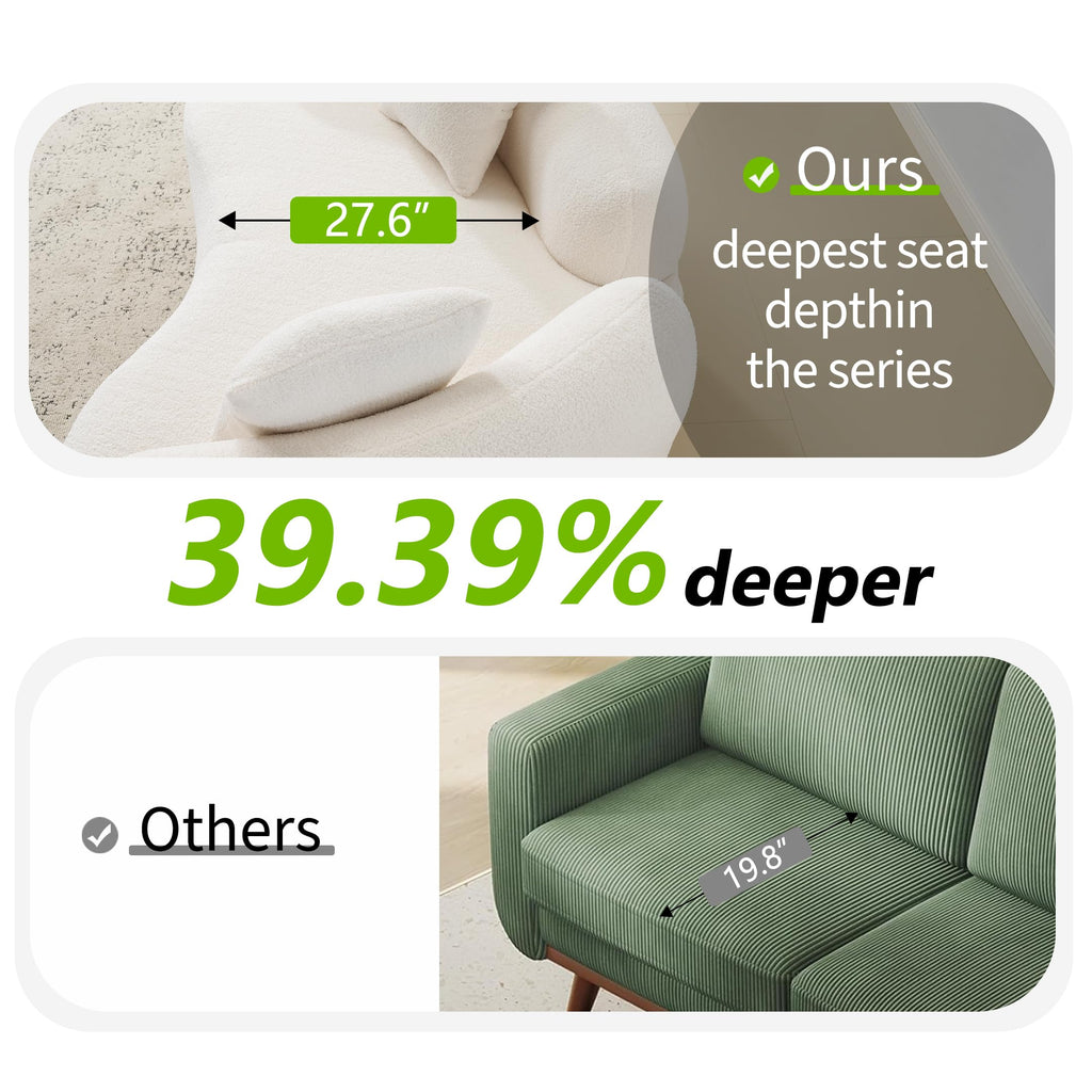 67" Curved Loveseat, Deep Seat White Couch with 2 Pillows