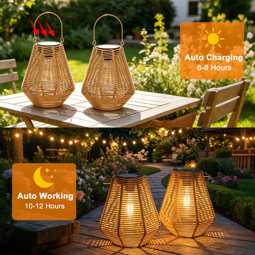 Solar Lanterns Outdoor 2 Pack Rattan Hanging & Table Decor Lights
