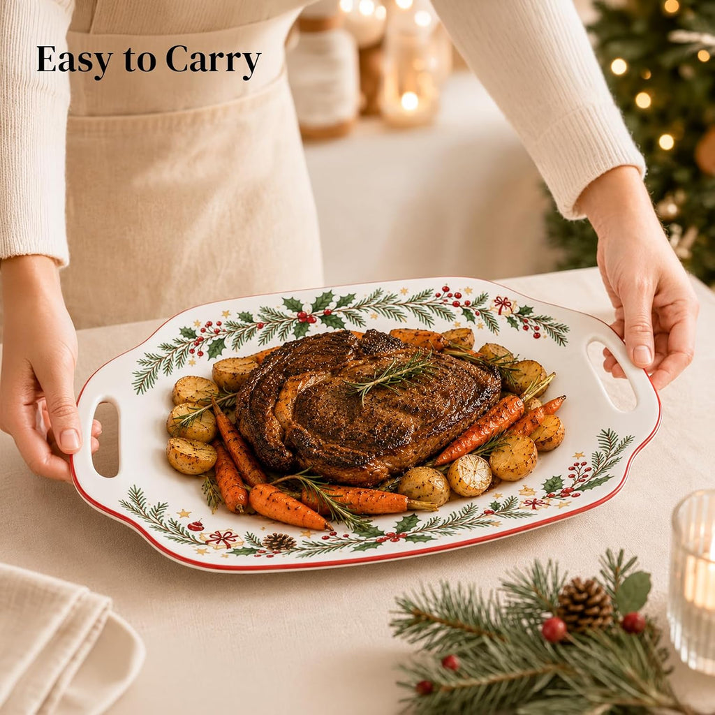Christmas Serving Tray with Handles - 16.5 Inch Large Ceramic Platter for Turkey, Ham & Party Food, Rectangular
