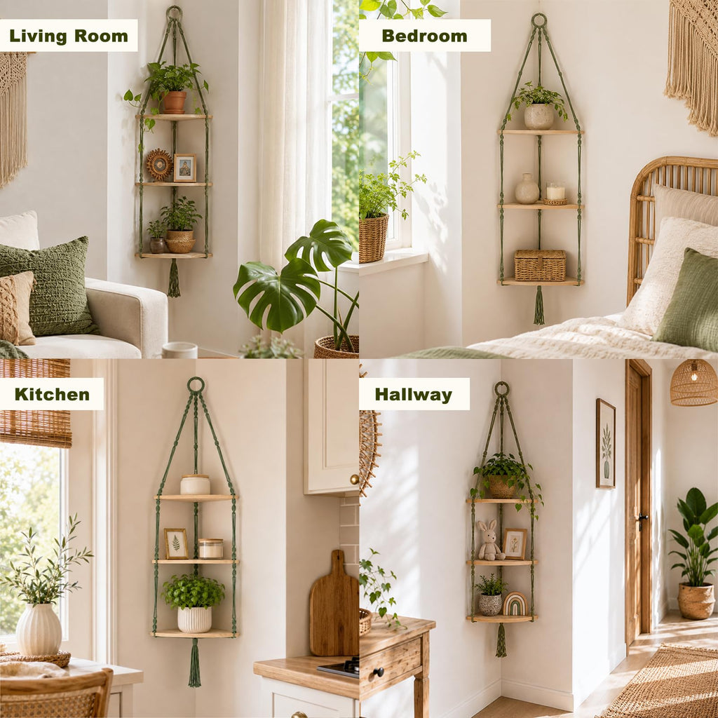 Corner Shelf Macrame Wall Hanging, Adjust Boho Storage Art, 3 Tier
