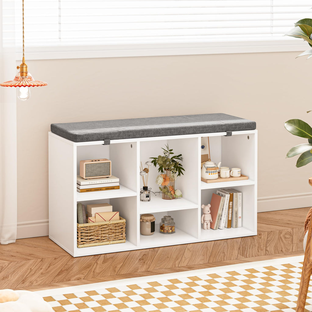 Shoe Bench, Storage Bench with Padded Seat, 6 Cubbies Storage Entryway Bench, White