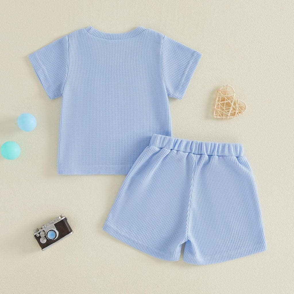 Toddler Baby Sister Brother Matching Outfit Big Sister&Lil Brother Embroidery Waffle Knit Top+Short 2pcs Summer Set