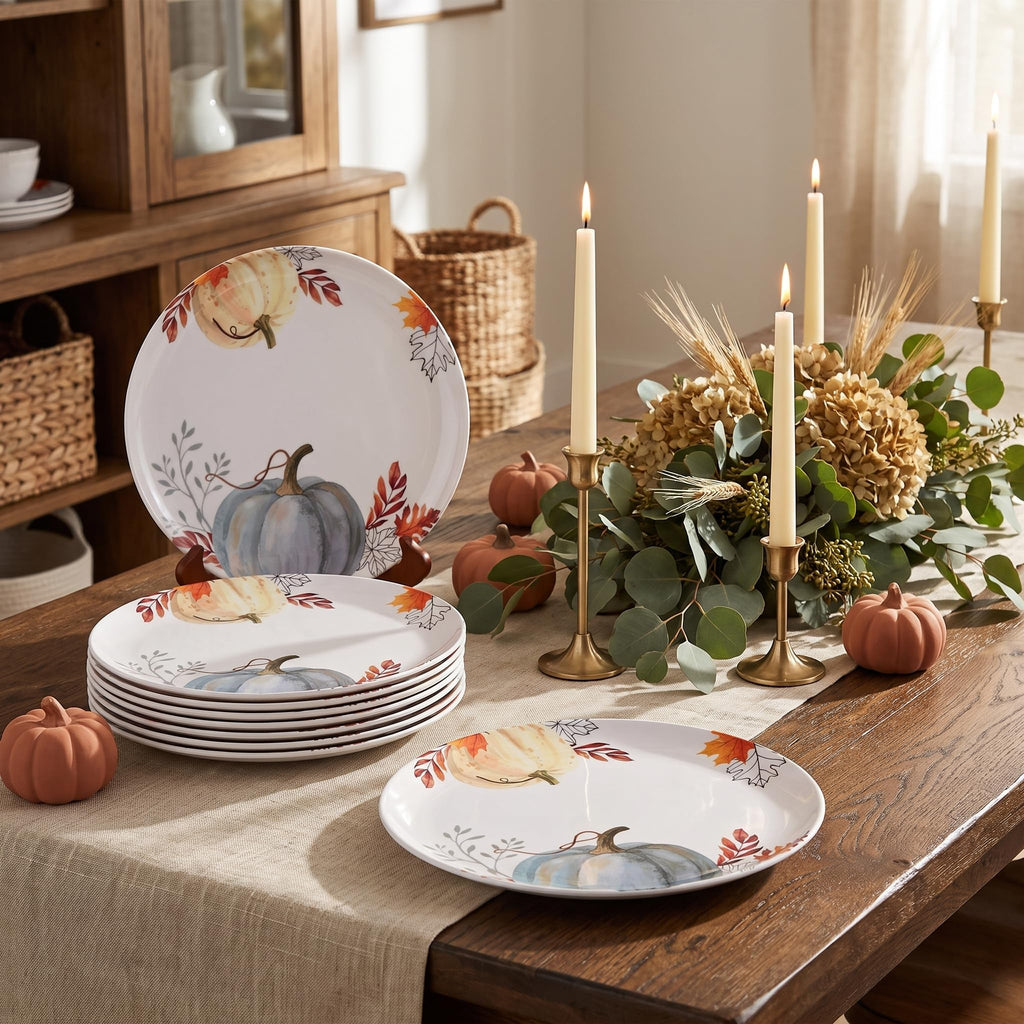 Melamine Dinner Plates, Set of 12, 10.5 Inch Fall Plates, Pumpkin Design