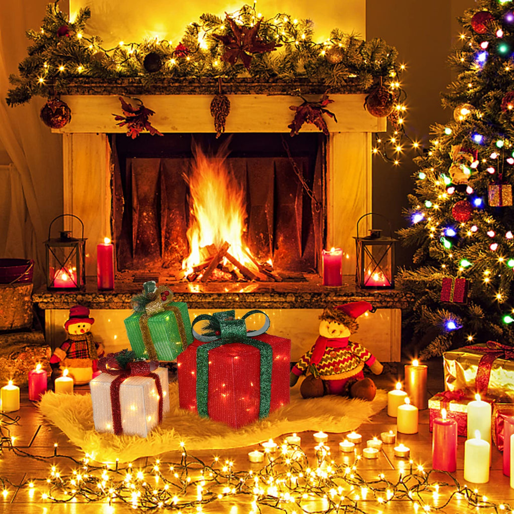 Christmas Lighted Gift Boxes Set of 3, Weather Proof Present Boxes Ornament Home Decor Pre-lit 60 LED Lights