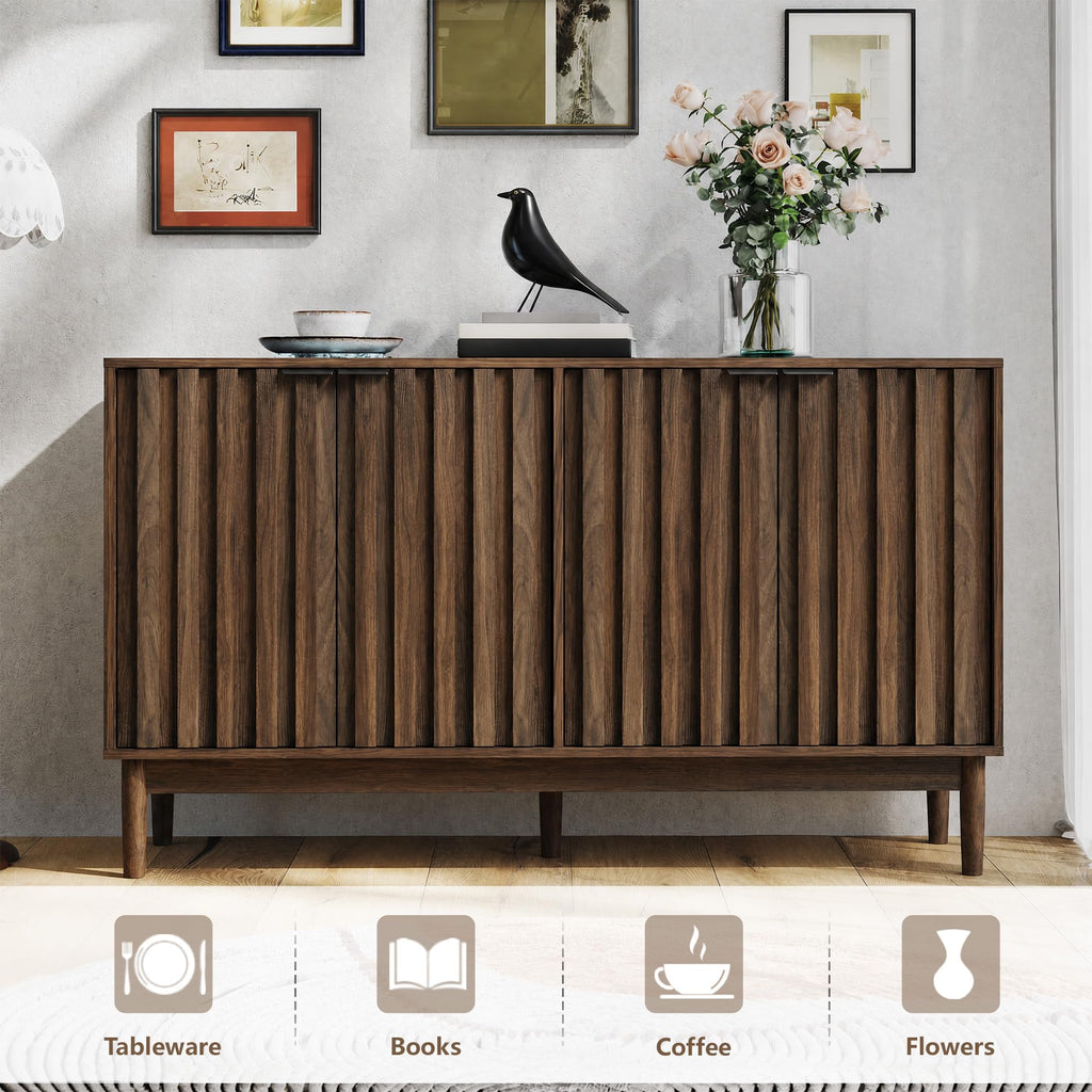 55" Fluted Buffet Cabinet with Storage, Accent Cabinets, Walnut