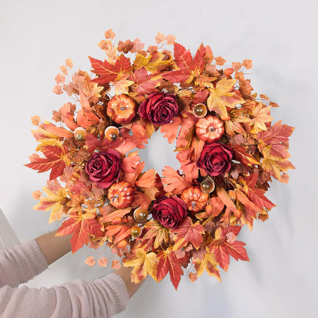 26" Large Artificial Fall Maple Leaves Wreath for Front Door, Autumn Orange
