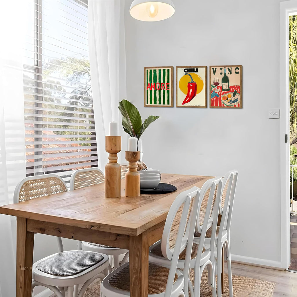 Framed Kitchen Wall Art Set of 3, Abstract Table Food Kitchen Wall Decor, Chilli Pictures Prints Artwork, Vintage